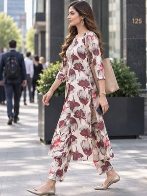 women floral printed regular thread work kurta with trousers 4