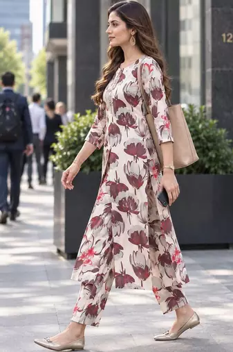 women floral printed regular thread work kurta with trousers
