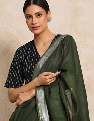 Olive striped  cotton handloom saree 2