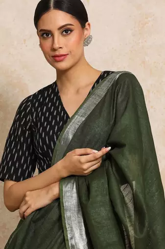 Olive striped  cotton handloom saree