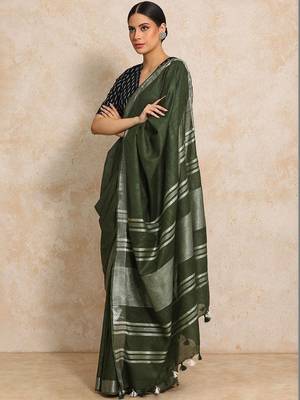 Olive striped  cotton handloom saree 3