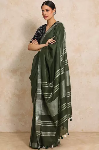 Olive striped  cotton handloom saree