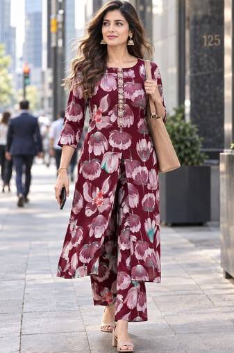 women floral printed regular beads and stones kurta with trousers