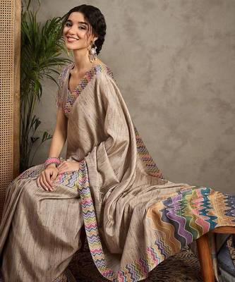 Cream striped satin tussar saree 1