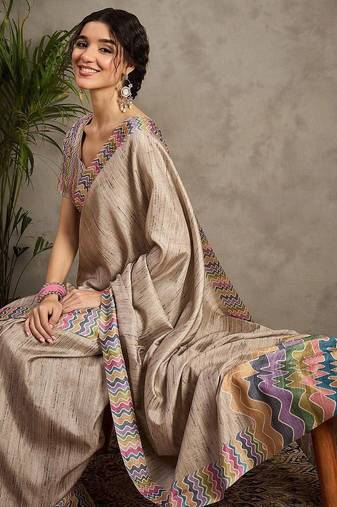 Cream striped satin tussar saree