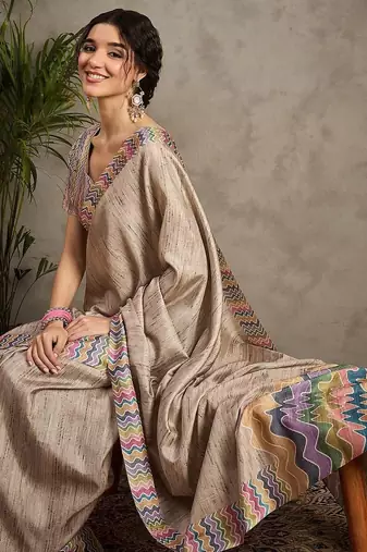 Cream striped satin tussar saree