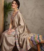 Cream striped satin tussar saree