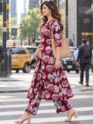 women floral printed regular beads and stones kurta with trousers 2