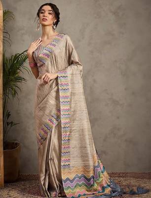 Cream striped satin tussar saree 2