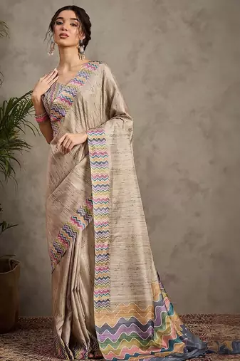 Cream striped satin tussar saree