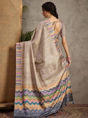 Cream striped satin tussar saree 3