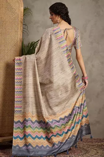 Cream striped satin tussar saree