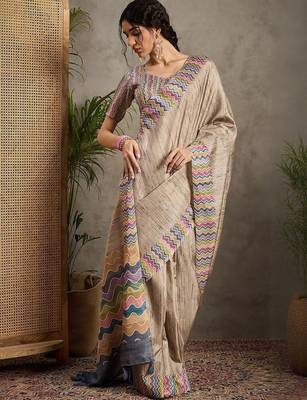 Cream striped satin tussar saree 4