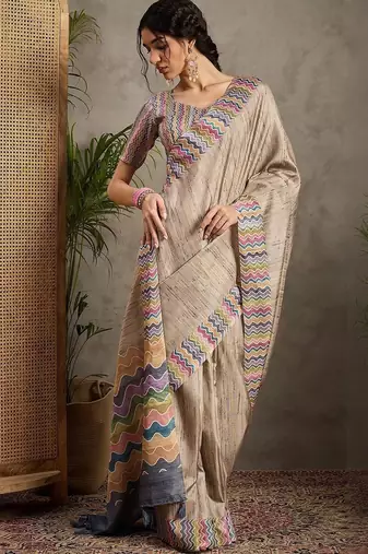 Cream striped satin tussar saree