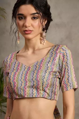 Cream striped satin tussar saree
