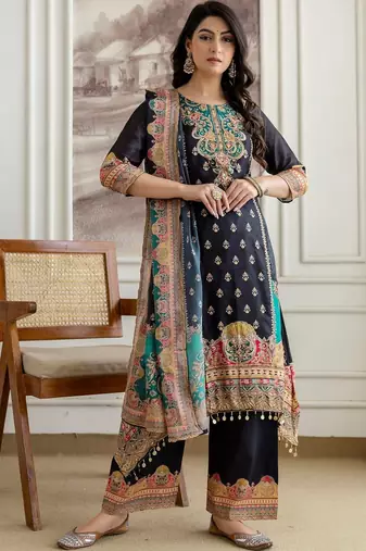 women ethnic motifs embroidered regular kurta with palazzos & with dupatta