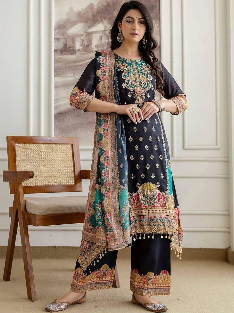 women ethnic motifs embroidered regular kurta with palazzos & with dupatta