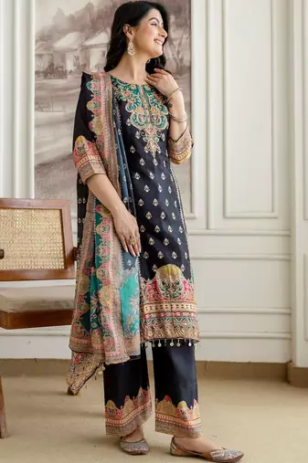 women ethnic motifs embroidered regular kurta with palazzos & with dupatta