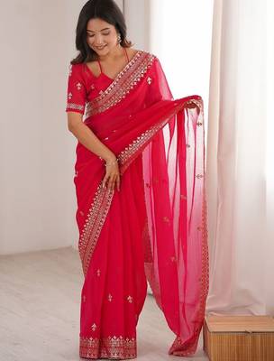Red embellished zari satin heavy work saree 1