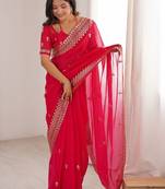 Red embellished zari satin heavy work saree