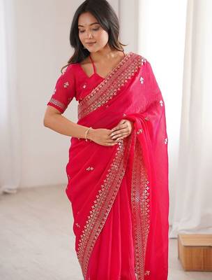 Red embellished zari satin heavy work saree 2
