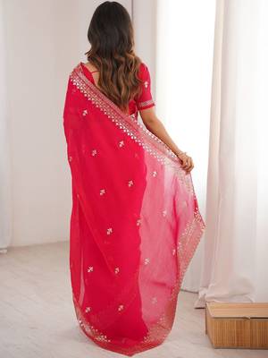 Red embellished zari satin heavy work saree 3