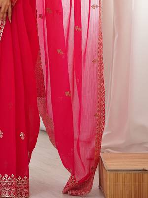 Red embellished zari satin heavy work saree 5