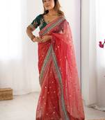 Red embellished sequinned organza saree