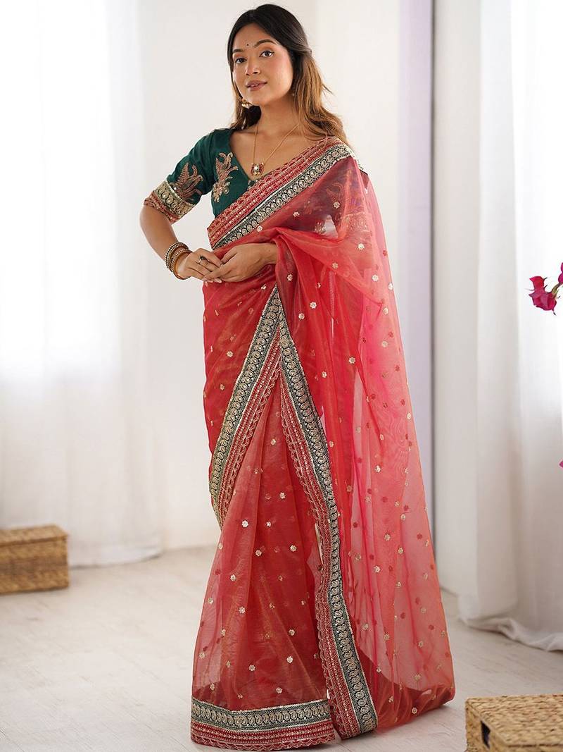 Red embellished sequinned organza saree