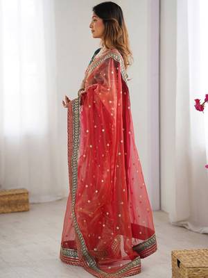 Red embellished sequinned organza saree 2