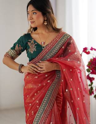 Red embellished sequinned organza saree 3