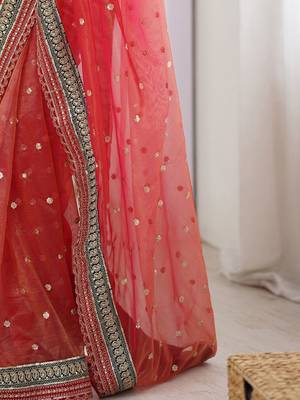 Red embellished sequinned organza saree 4