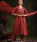 women ethnic motifs printed empire kurta with trousers & with dupatta