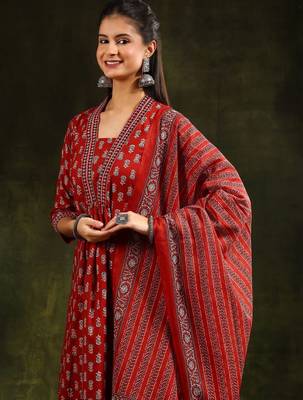 women ethnic motifs printed empire kurta with trousers & with dupatta 3