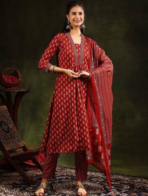 women ethnic motifs printed empire kurta with trousers & with dupatta 6