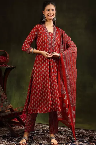 women ethnic motifs printed empire kurta with trousers & with dupatta