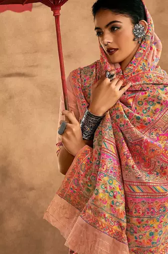 Peach floral silk cotton saree
