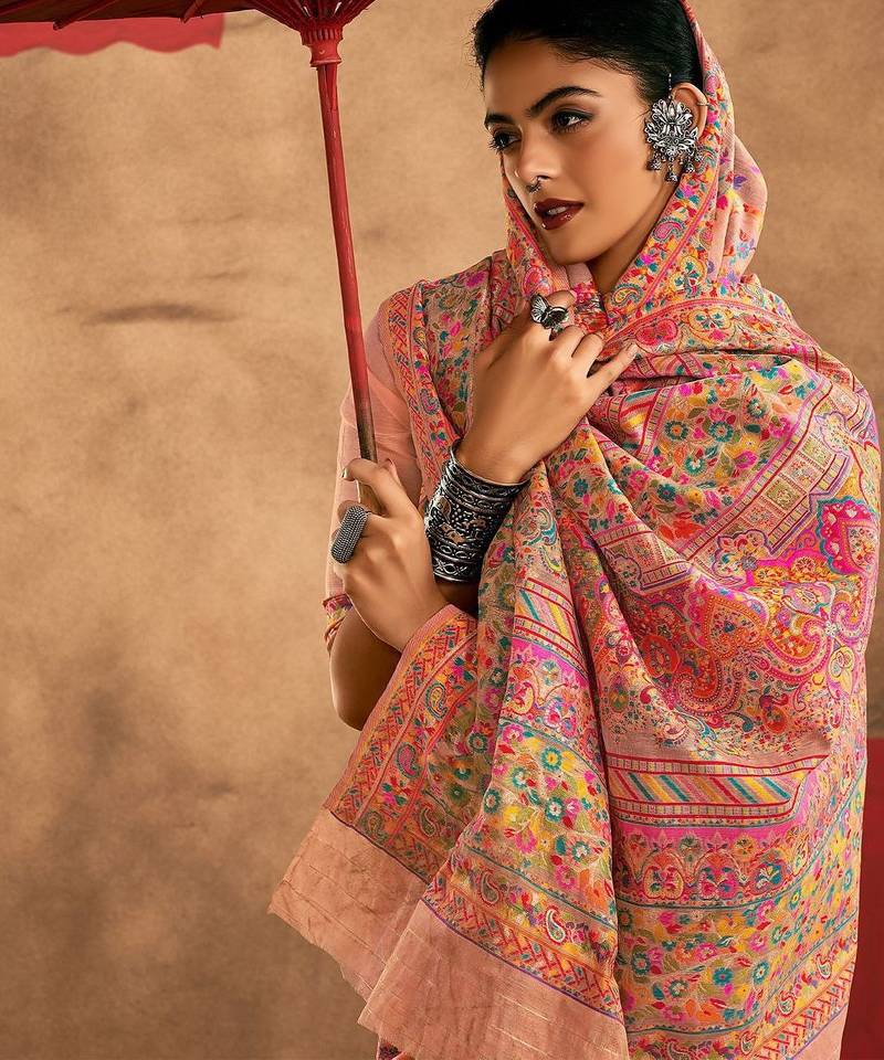 Peach floral silk cotton saree