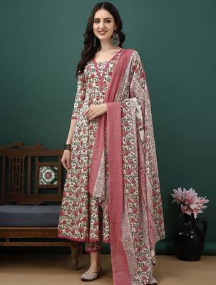 women floral printed regular  cotton kurta with trousers & dupatta 1