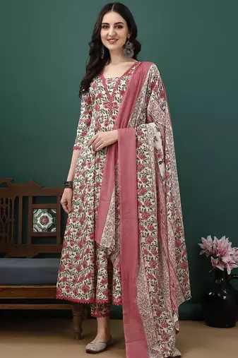 women floral printed regular  cotton kurta with trousers & dupatta