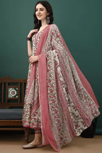 women floral printed regular  cotton kurta with trousers & dupatta