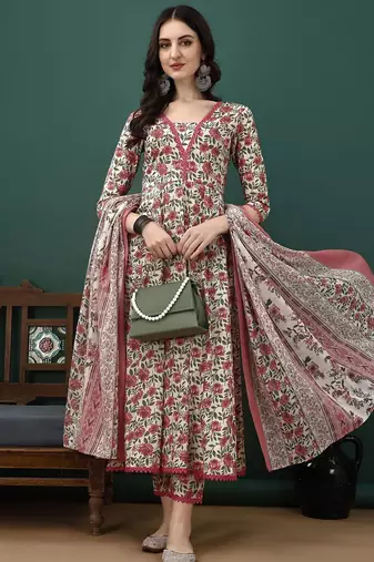 women floral printed regular  cotton kurta with trousers & dupatta