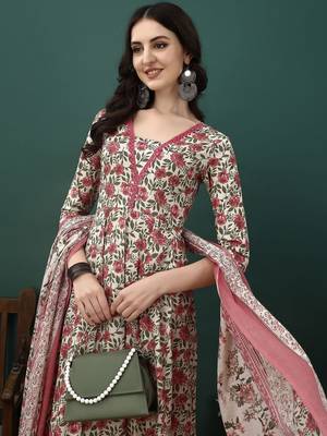 women floral printed regular  cotton kurta with trousers & dupatta 7