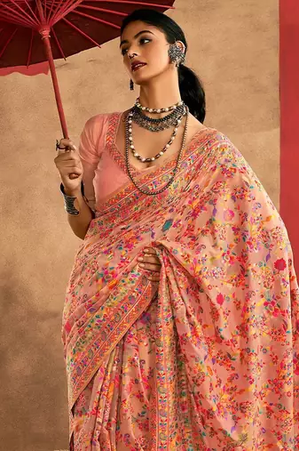 Peach floral silk cotton saree