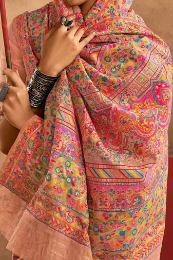Peach floral silk cotton saree