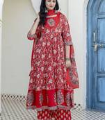 women floral printed tiered  cotton kurta with palazzos & with dupatta