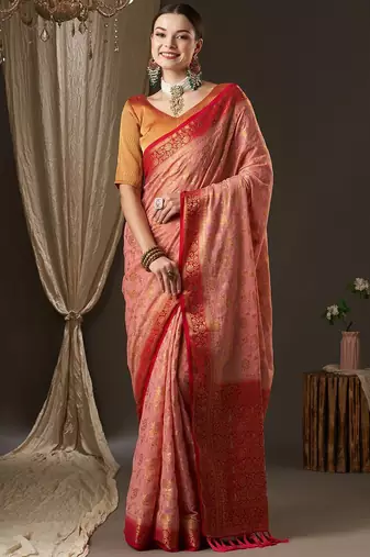Pink pink & red woven design zari  georgette kanjeevaram saree
