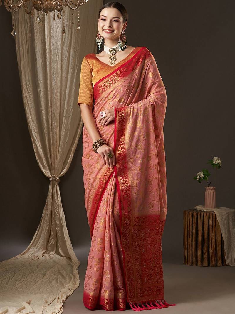 Pink pink & red woven design zari  georgette kanjeevaram saree