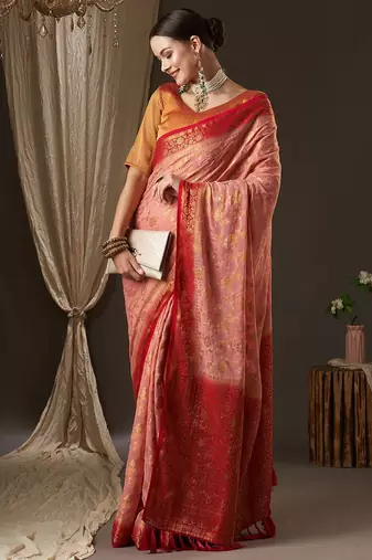 Pink pink & red woven design zari  georgette kanjeevaram saree