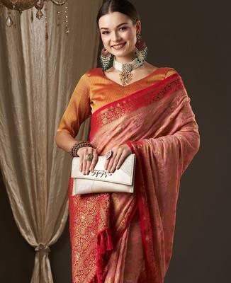 Pink pink & red woven design zari  georgette kanjeevaram saree 4